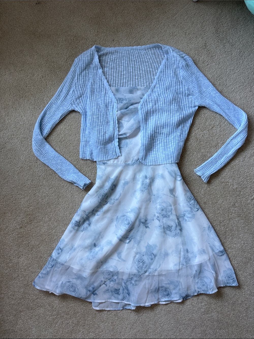 Light Blue Floral Slip Dress with Matching Ribbed Crop Cardigan